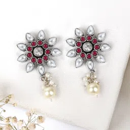 Teejh Ethnic Eesha White and Magenta Silver Oxidized Drop Earring image 1