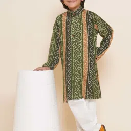 AJ Dezines Kids Green & White Cotton Printed Full Sleeves Kurta Set image 1