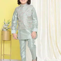 AJ Dezines Kids Green Embroidered Full Sleeves Kurta Set image 1