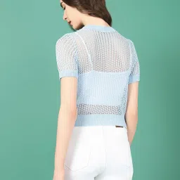 showoffff SHOWOFF Blue Self Design Crop Top image 2