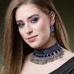 Moedbuille Mirrors & Ghungroo Studded Tribal Tasselled Design Oxidised Silver Plated Jewellery Set image 2