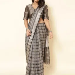Fabindia Grey Woven Saree Without Blouse image 1