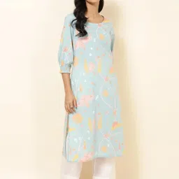 Fabindia Blue Cotton Floral Print Straight Kurta image 1