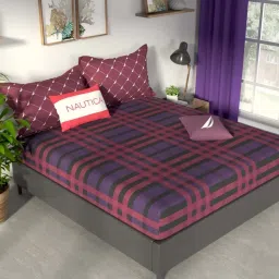 NAUTICA Pacific Coast Red & Grape Cotton 160 TC King Fitted Bedsheet with 2 Pillow Cover image 1