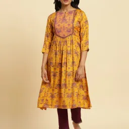 W Mustard Floral Print Straight Kurta image 1