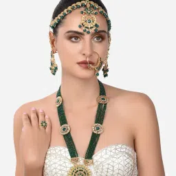 Zaveri Pearls Green Crystal Beaded Bridal Necklace Earring Ring MathaPatti & Nose Ring Set-ZPFK14382 image 1