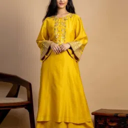 Mushio Mustard Yellow Ananda Embroidered Chanderi Silk Kurta image 1