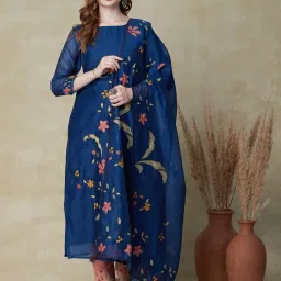 fashor Floral Printed Resham Embroidered Kurta with Floral Dupatta - Blue image 1