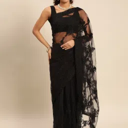 AYKA CLOTHINGS Black Net Embroidered Saree With Unstitched Blouse image 1