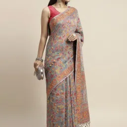 AYKA CLOTHINGS Grey Cotton Woven Saree With Unstitched Blouse image 1