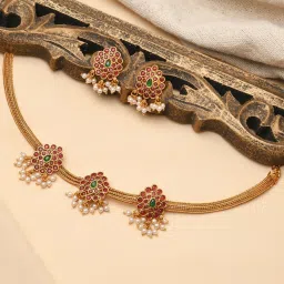 Fida Ethnic Traditional Gold-Plated Red & Green Stone Studded Triple Leaf Necklace Set for Women image 1