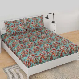 BELLA CASA Classic Floral Teal Blue & Red 210 TC Microfibre Bedsheet with 2 Pillow Covers image 1