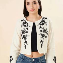 Akkriti by Pantaloons Cream Cotton Embroidery Crop Jacket-picture-13
