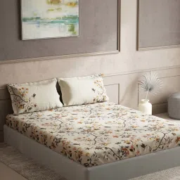 DDecor Floral Beige 144 TC Cotton Queen Bedsheet with 2 Pillow covers image 1