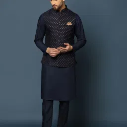 KISAH Navy Blue Regular Fit Self Pattern Kurta Set With Jacket image 1
