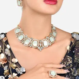 Zaveri Pearls Mint Green Stones Austrian Diamonds Kundan Necklace Earring Ring Set-ZPFK16070-picture-13