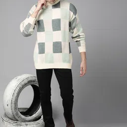 Roadster Men Off White & Sea Green Checked Pullover image 5