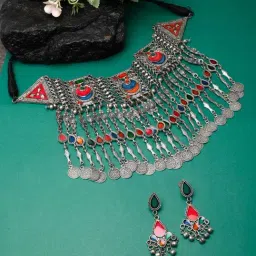 Moedbuille Meenakari Work Afghan Tribal Design Oxidised Silver Plated Handcrafted Jewellery Set-picture-15