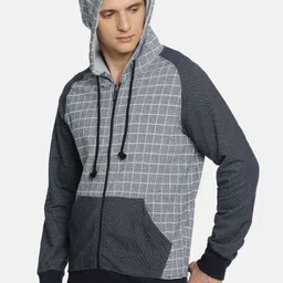 ARISE Men Navy Blue & White Checked Hooded Sweatshirt image 3