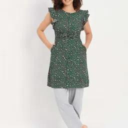 Clovia Green & Grey Printed Night Dress Pyjamas Set-image-74