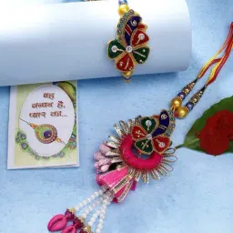 NVR Multicolor Thread Work & Beaded Bhaiya Bhabhi Rakhi with Roli Chawal - Set of 2-image-18