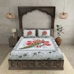 JaipurFabric Pink & Blue 180 TC 100% Cotton Peacock Double Bedsheet with 2 Pillow Covers-picture-26
