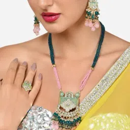 Zaveri Pearls Green Pink Multistrand Crystal Kundan Meenakari Necklace Earring Ring Set-ZPFK16024-picture-36