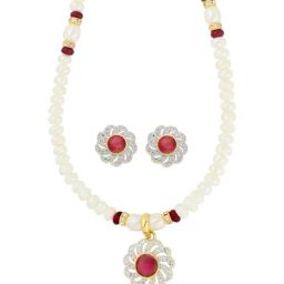 Sri Jagdamba Pearls Maroon & Pearl White Alloy Necklace Set-picture-12