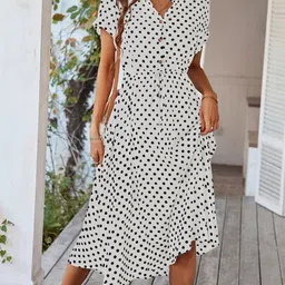 JC Mode Women Polka Dots Printed Shirt Collar Fit & Flare Midi Dress-picture-37