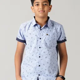 Kiddopanti Half Sleeves All Over Anchor  Printed Shirts - Light Blue-image-0