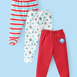 Babyhug Cotton Knit Footed Bootie Legging with Saturn Print Pack Of 3 - Red & White-image-26