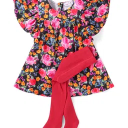 Babyhug Cotton Woven Floral Printed Fit & Flare Frock With Legging - Red-picture-19