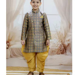 BownBee Jacquard Full Sleeves Ethnic Motif Printed Sherwani With Solid Salwar - Grey-picture-19