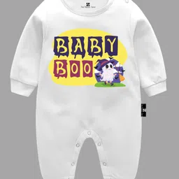 The Peppy Tend Halloween Theme 100% Cotton Full Sleeves Baby Boo Text Printed Romper - White-picture-19
