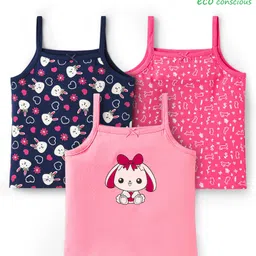 Babyoye Cotton Elastane Knit Sleeveless Slips With Floral & Bunny Print Pack Of 3 - Blue & Pink-image-58
