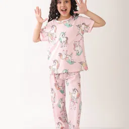 Anthrilo Cotton Knit Half Sleeves Unicorns Printed Coordinating Tee & Pajama Set - Pink-picture-21