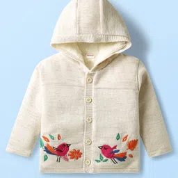 Babyhug Knit Full Sleeves Front Open Hooded Sweater with Bird Embroidery - Cream-picture-33