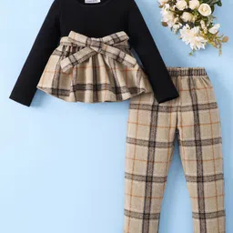 Mark & Mia Full Sleeves Top & Trouser Set With Check & Bow Applique - Tan & Black-picture-28