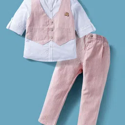 ToffyHouse Cotton Knit Full Sleeves Striped Party Shirt & Trouser Set - Light Red & White-picture-33