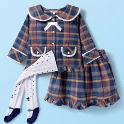 ToffyHouse Cotton Woven Full Sleeves Checks Party Top & Skirt Set With Leggings - Navy Blue-picture-16