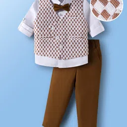 Mark & Mia Cotton Woven Full Sleeves Checks 3 Piece Party Suit With Bow - Brown & White-picture-11