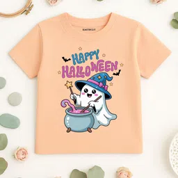 KNITROOT Cotton Knit Halloween Theme Half Sleeves Happy Halloween Text Printed Tee - Peach-picture-10