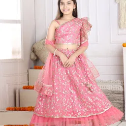 Cutiekins Organza Woven Half Frill Sleeves Floral Embroidered & Sequins Embellished Lehenga Choli With Dupatta Set - Pink & Golden-picture-12