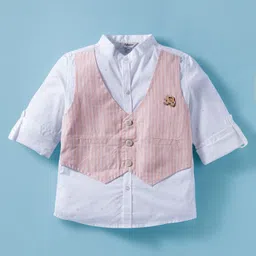 ToffyHouse Cotton Knit Full Sleeves Striped Party Shirt & Trouser Set - Light Red & White image 2