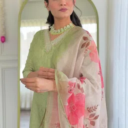 Lookmark Floral Printed V-Neck Thread Work Straight Kurta With Patiala & Dupatta image 4