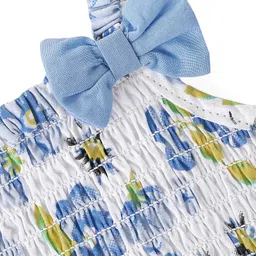 Babyhug 100% Cotton WovenSleeveless SingletTop with Smocking & Bow Detailing Floral Print - White image 3