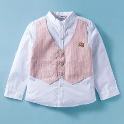 ToffyHouse Cotton Knit Full Sleeves Striped Party Shirt & Trouser Set - Light Red & White image 3