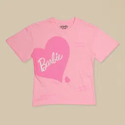 Kidsville Cotton Knit Mattel Featuring Half Drop Shoulder Sleeves Barbie Text Printed Tee - Pink image 5