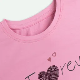 Ariel Cotton Knit Full Sleeves Forever Text Printed Sequins Embellished Tee - Pink image 5