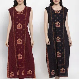 Secret Wish Women Pack Of 2 Brown & Black Printed Maxi Nightdress-image-46